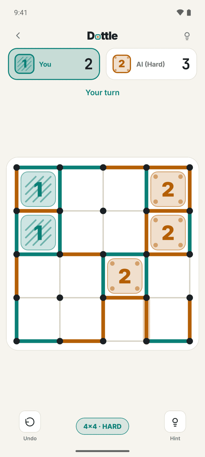Dottle Dots and Boxes game on a phone, playing against the adaptive AI on a 4x4 board