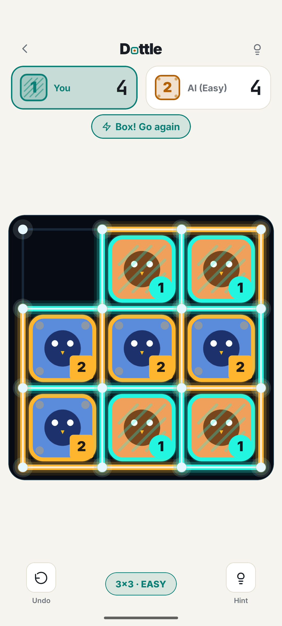 Dottle board using the glowing Neon theme with photos inside the claimed boxes, Dottle Pro features