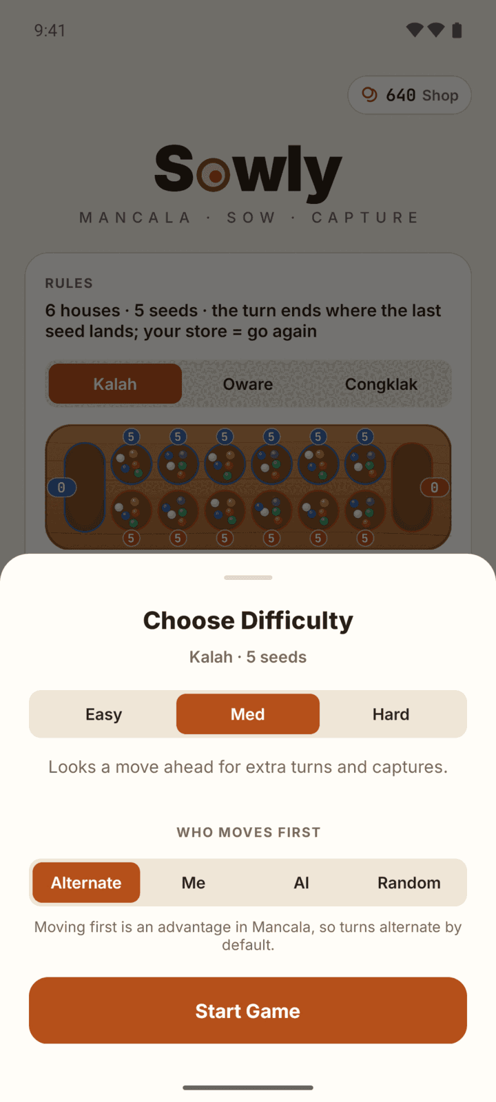 Sowly Choose Difficulty sheet with Easy, Medium and Hard and the who moves first option