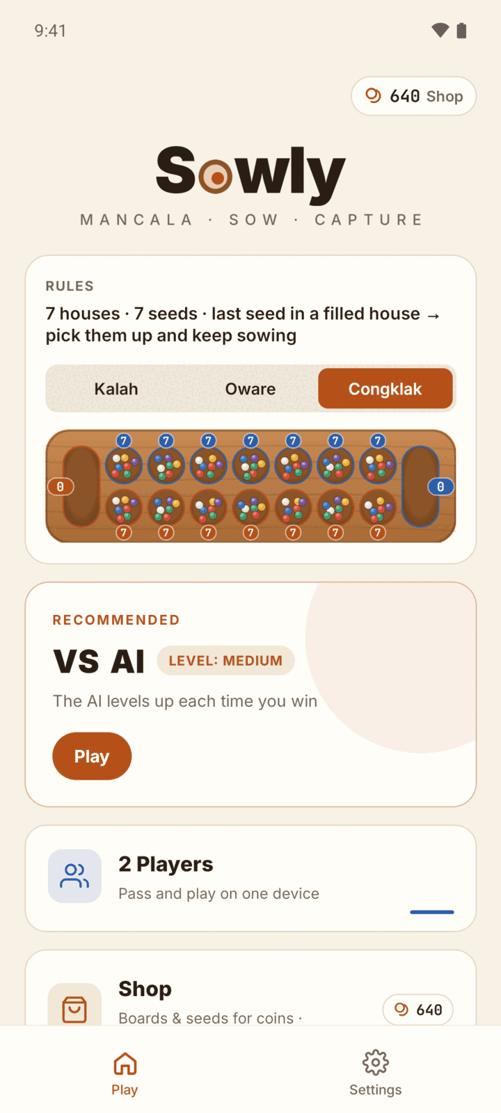 Sowly menu with the rule picker for Kalah, Oware and Congklak, Congklak selected
