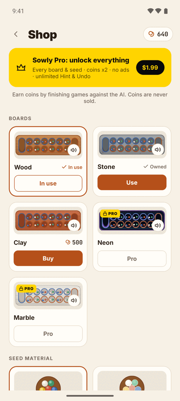 Sowly Shop with Wood, Stone, Clay, Neon and Marble boards and their coin prices