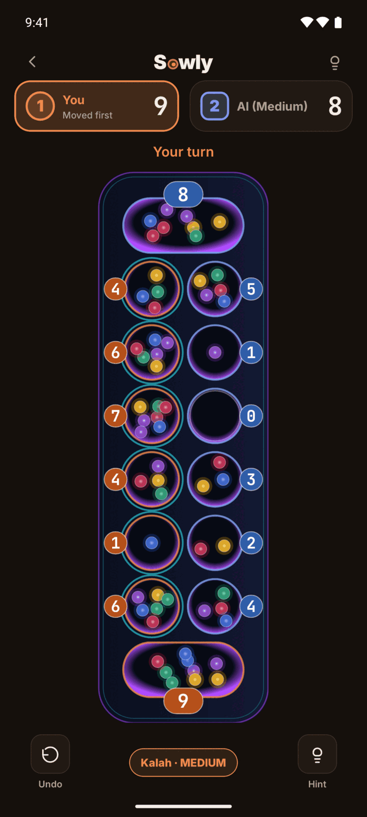 Sowly Kalah game in dark theme on the Neon board with glowing seeds, a Sowly Pro look