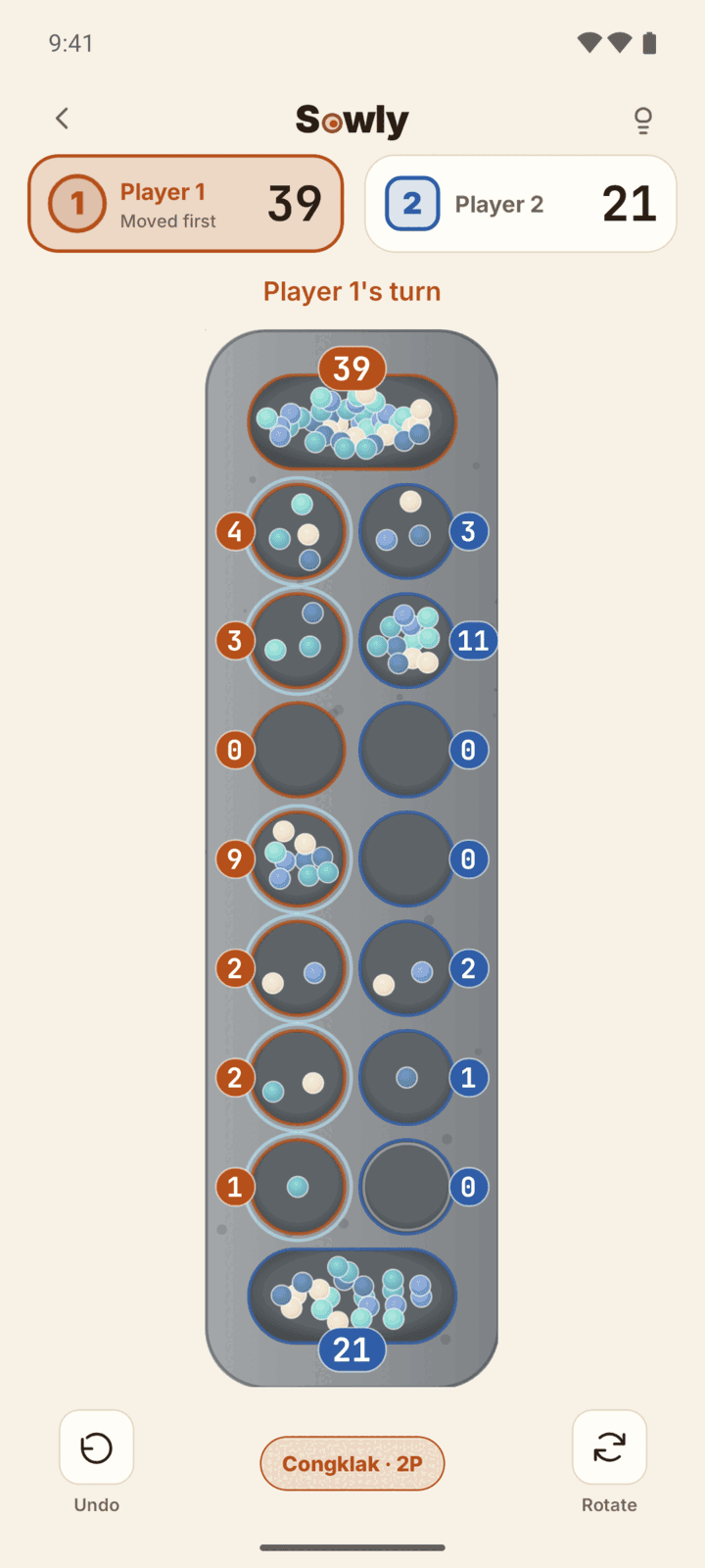Sowly Congklak in 2 Players mode on a stone-grey board