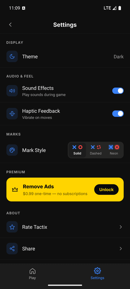 Tactix Settings — styles & sound