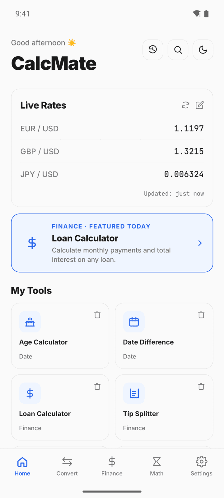 CalcMate home screen on a phone, showing the calculator and its categories of tools