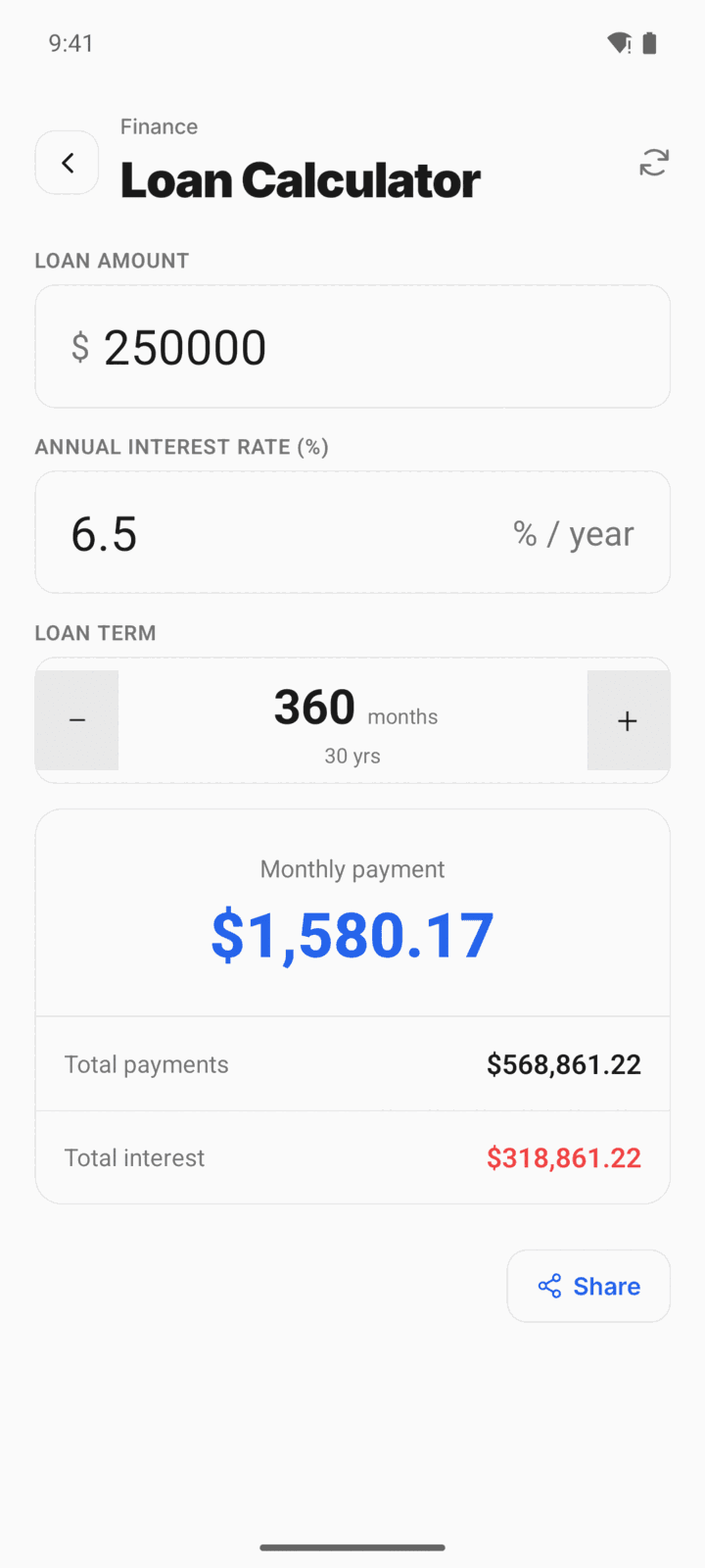CalcMate loan calculator in the Finance category