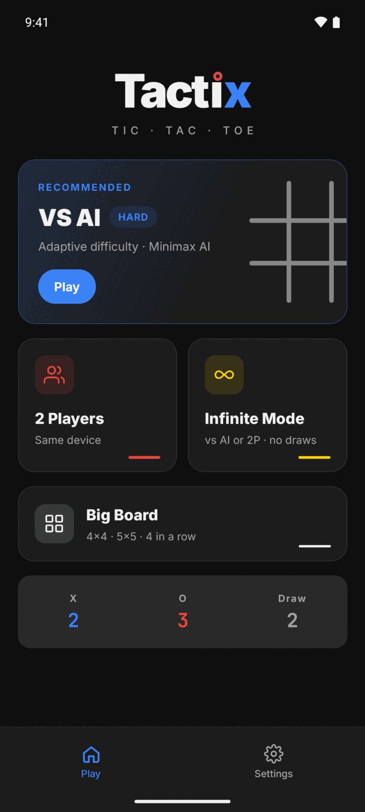 Tactix menu on a phone, showing VS AI, 2 Players, Infinite Mode and Big Board game modes