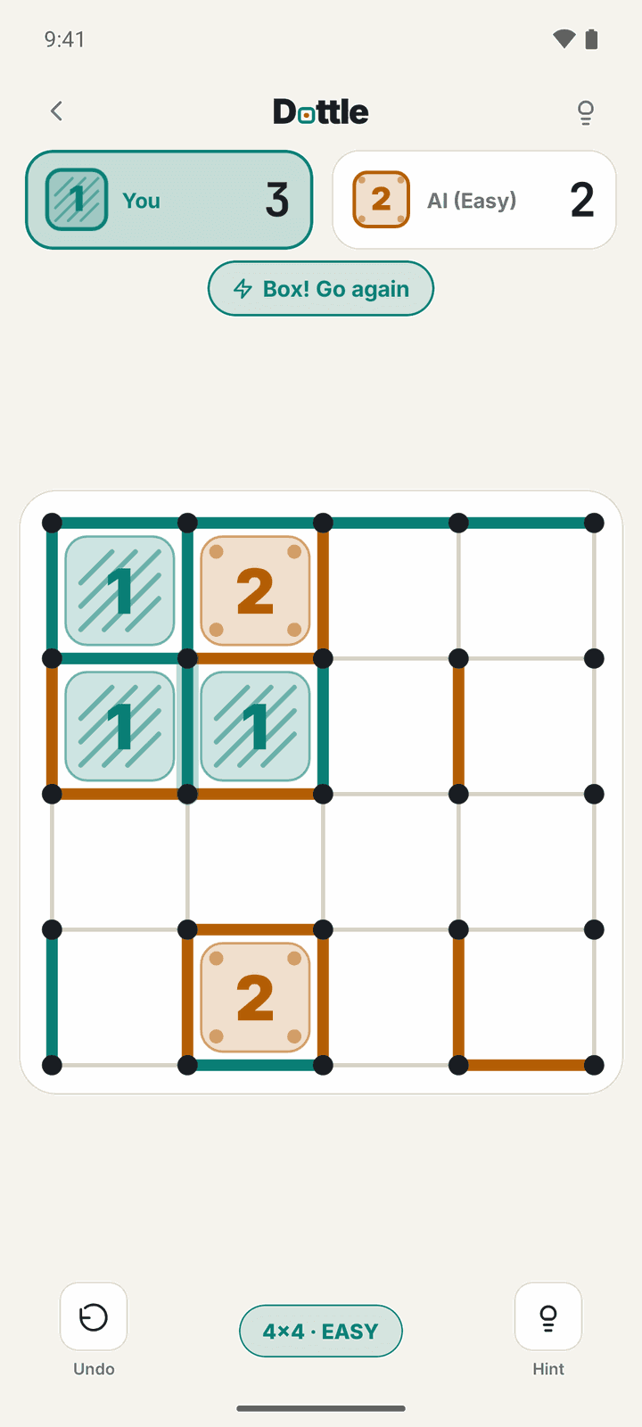 Dottle game on a 4x4 board against the AI, light theme