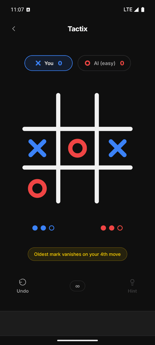 Tactix Infinite mode: each player has 3 marks and the oldest vanishes on the 4th move